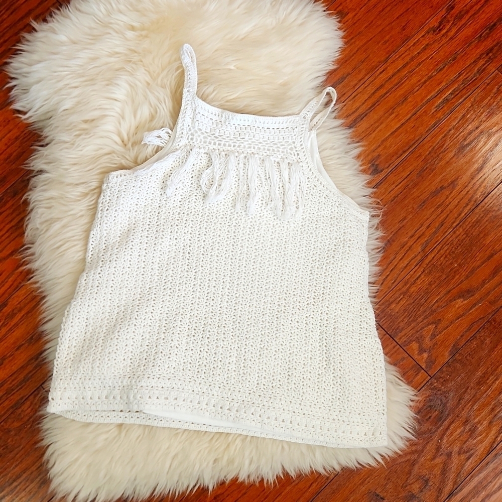 Joie White Olesia Crochet Knit Fringe White Tank Top - Picture 2 of 6